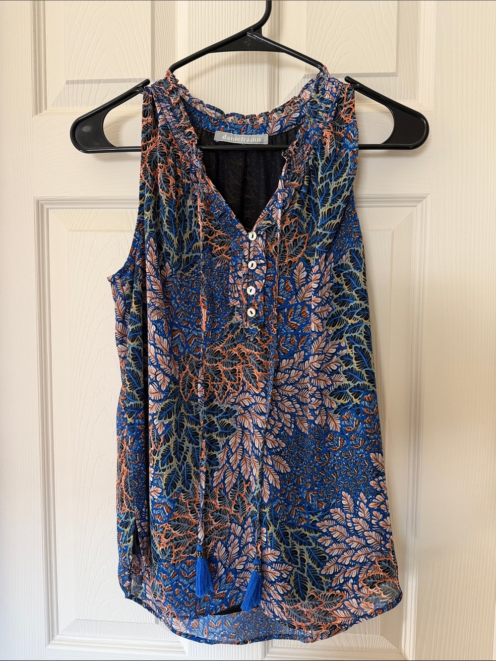Daniel Rainn Blue Floral Tassel Henley Tank